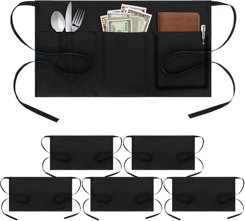 BOHARERS 6 Pack Waitress Aprons with 3 Pockets - Server Aprons for Waiter, Extra Long Straps Half Black Apron - Image 1